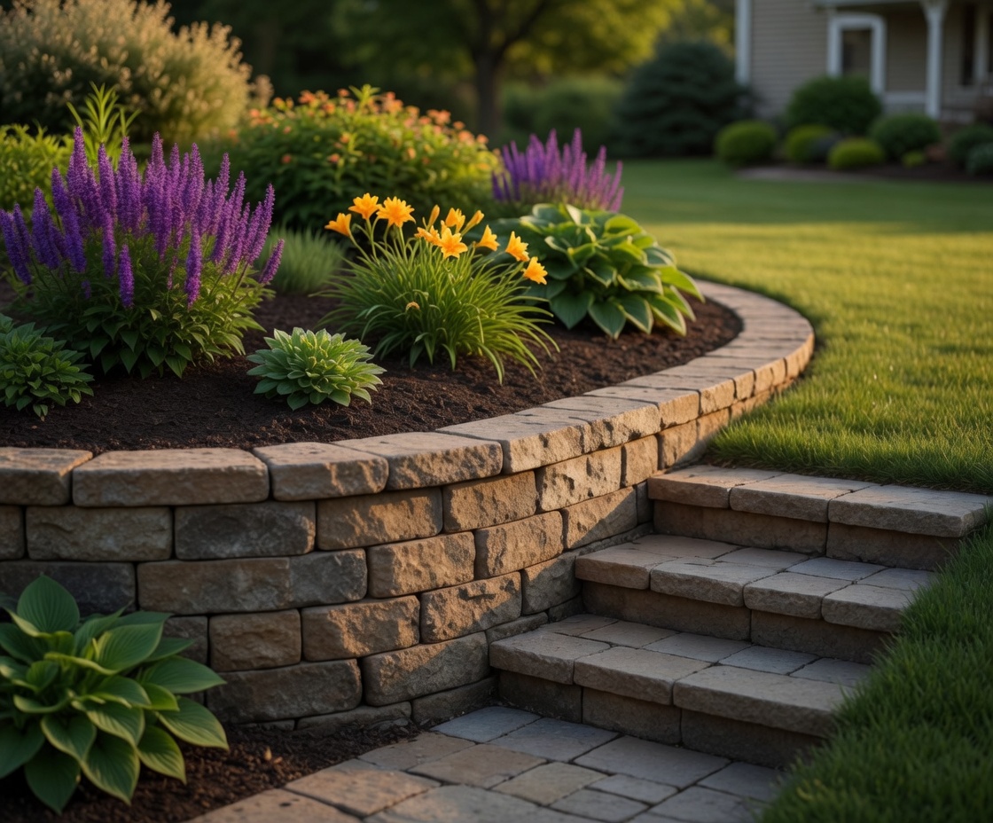 Stone retaining wall and patio